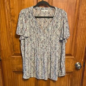 Rose & Olive Blue Floral V-Neck Flutter Sleeve Tunic